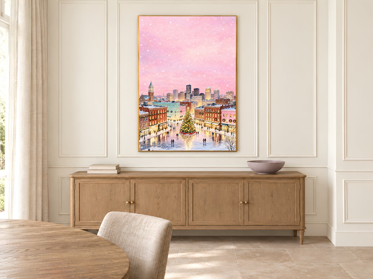 Pink Christmas Town Painting, Snowy City Christmas Tree Print, Pastel Winter Skyline Wall Art, Holiday Decor, Printable Digital Download