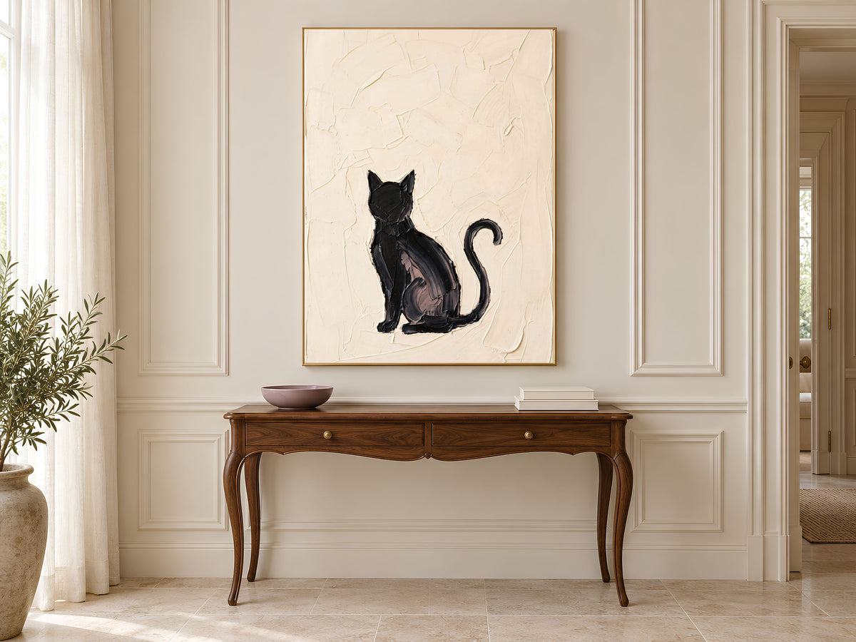 Minimalist Black Cat Wall Art, Impasto Oil Painting Print - Digital Download