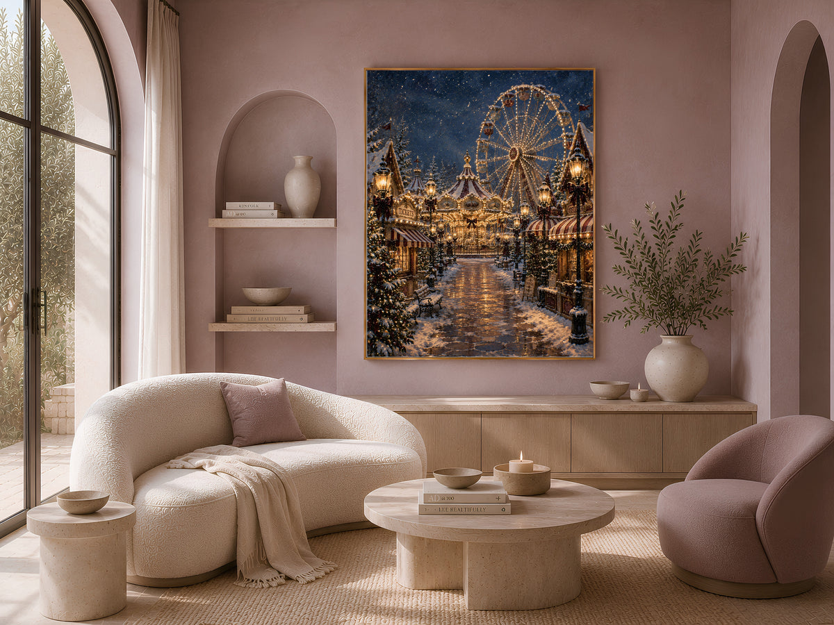 Winter carnival street painting framed above a curved boucle sofa in a warm neutral living room