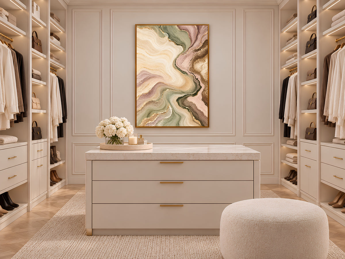 Sage Green and Blush Abstract Wall Art, Marble Swirl Painting Print with Gold Veins, Printable Pastel Neutral Decor, Digital Download