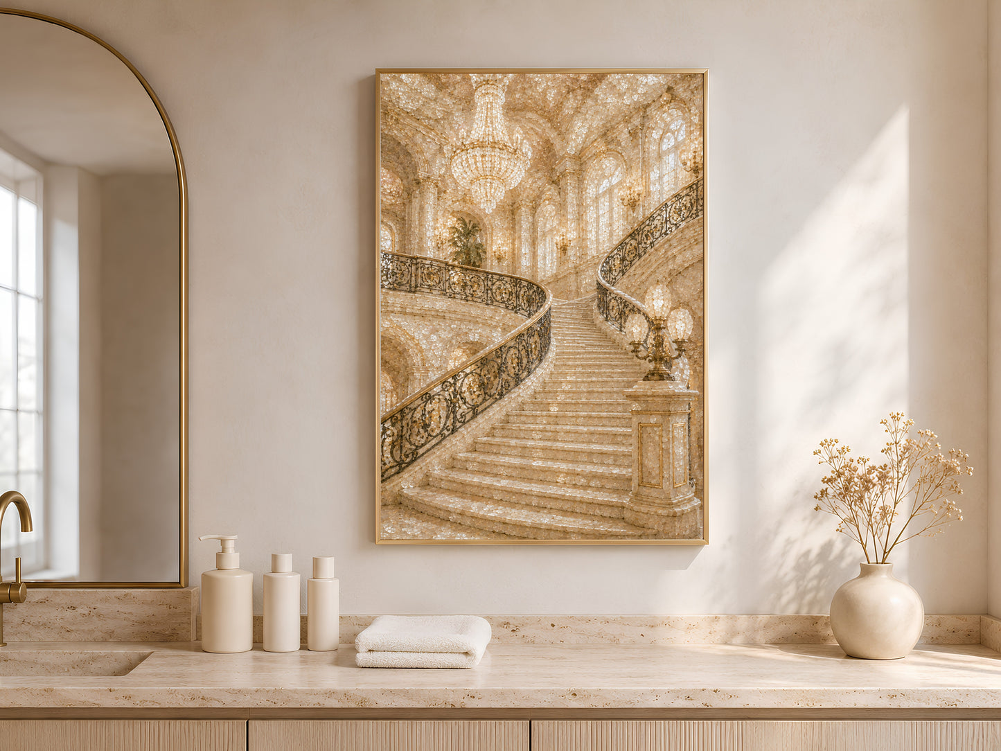 Grand staircase wall art print framed in gold above console table in bright neutral entryway
