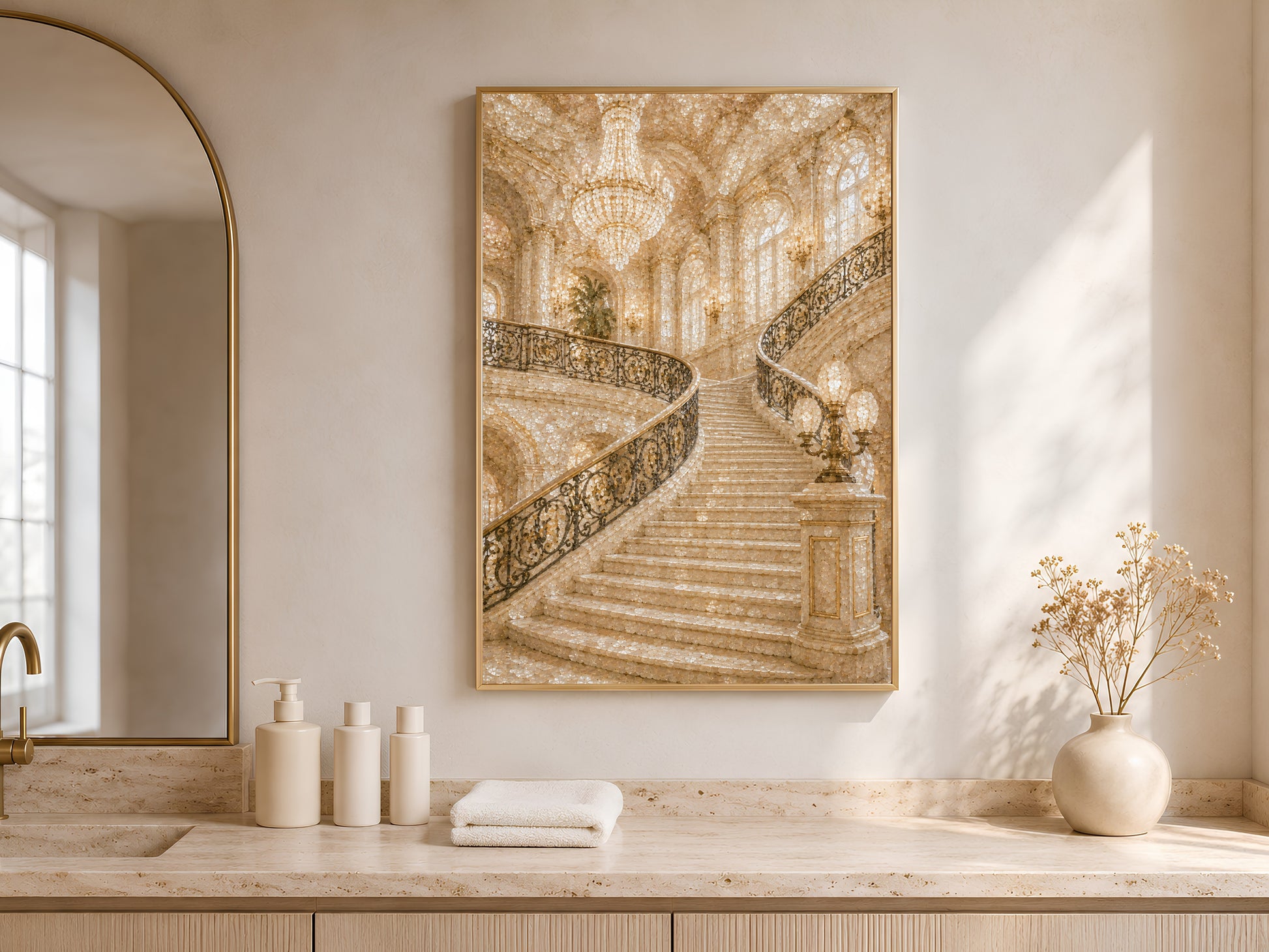 Grand staircase wall art print framed in gold above console table in bright neutral entryway
