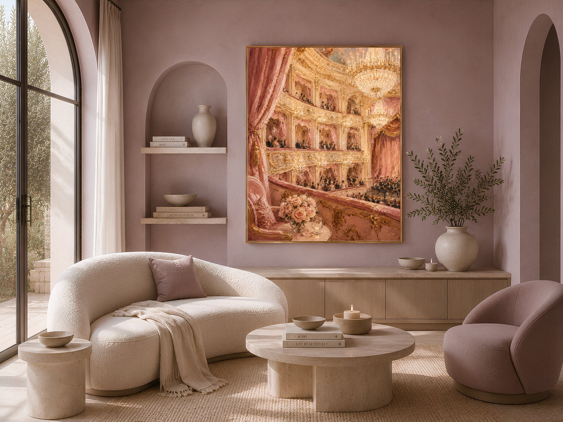 Opera house painting print above boucle sofa, grandmillennial living room decor