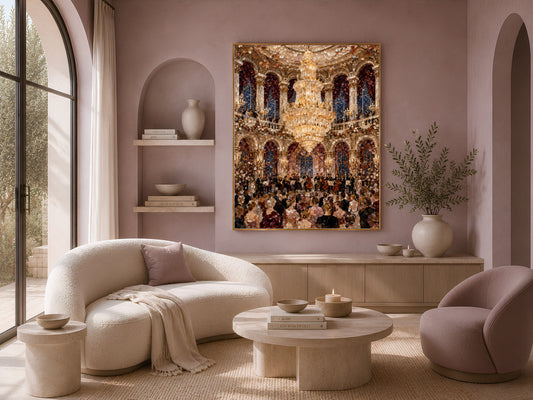 Grand ballroom orchestra print styled above a curved cream boucle sofa and round coffee table in a neutral living room