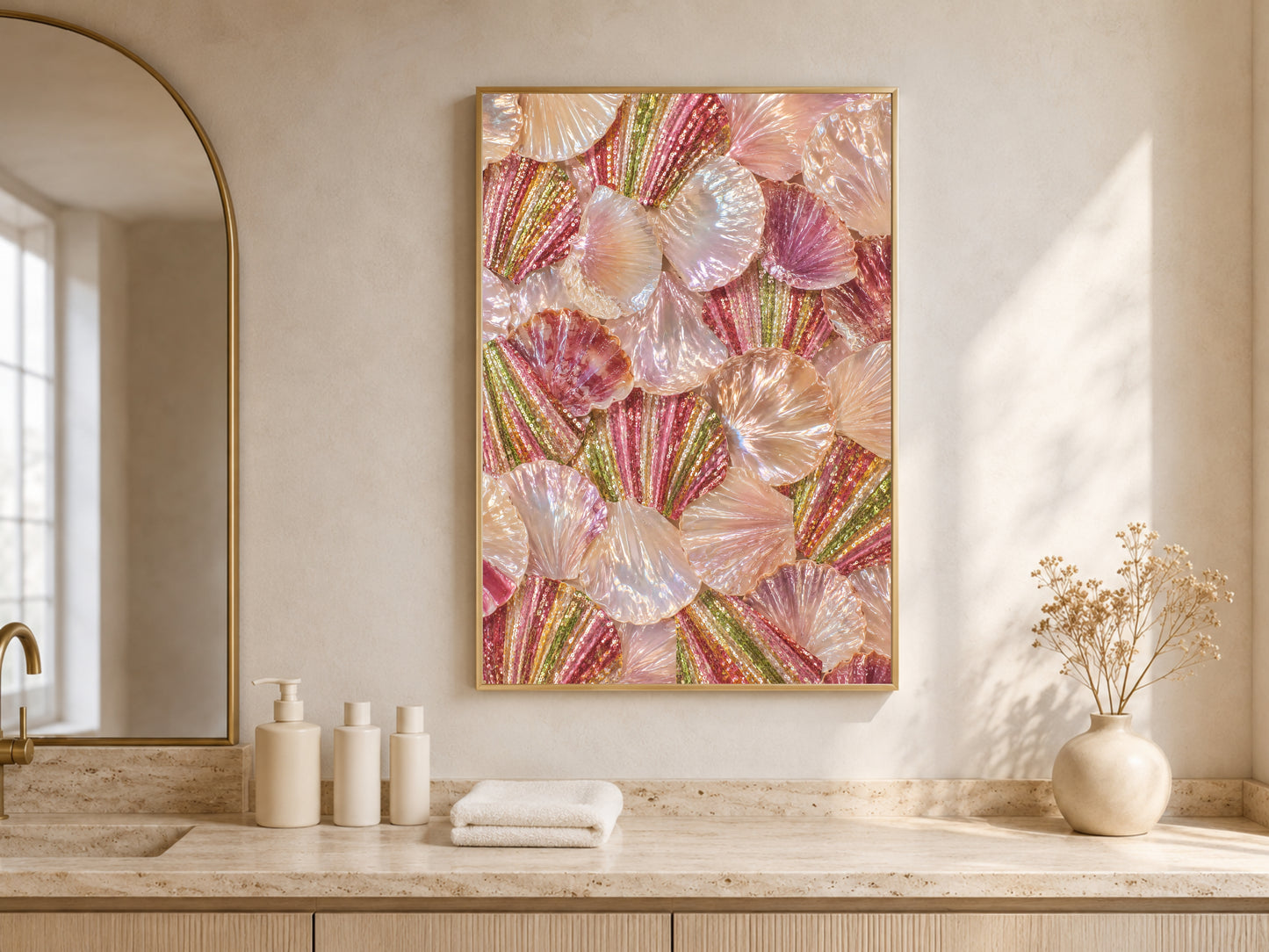 Iridescent shell wall art framed above a marble bathroom counter, glam coastal seashell painting for bathroom decor