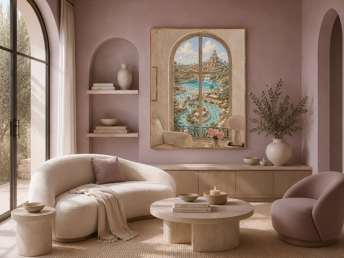 Water Park Window Wall Art, Resort Pool View Print - Digital Download