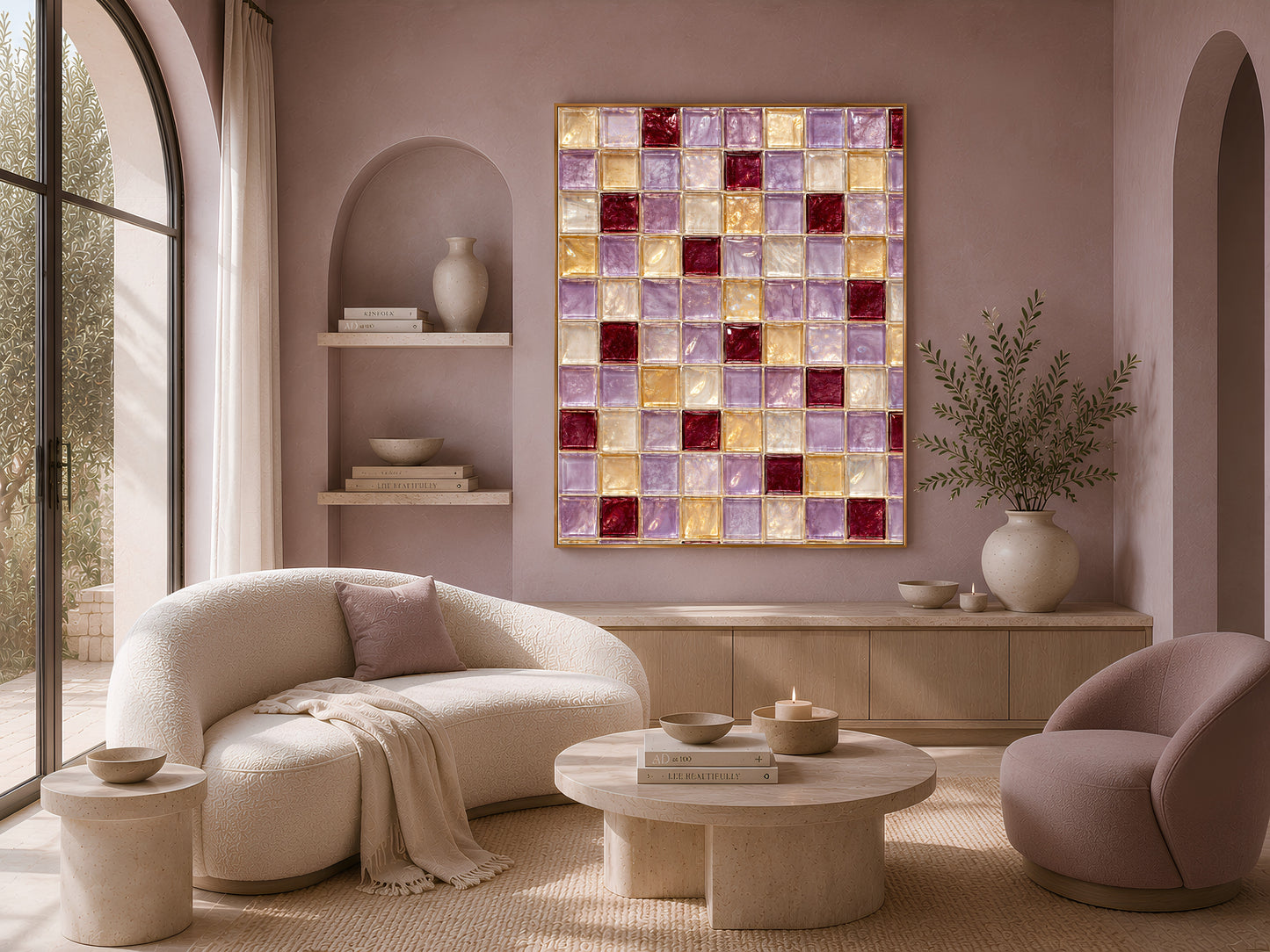 Purple gold mosaic wall art print displayed above a curved boucle sofa in an arched living room
