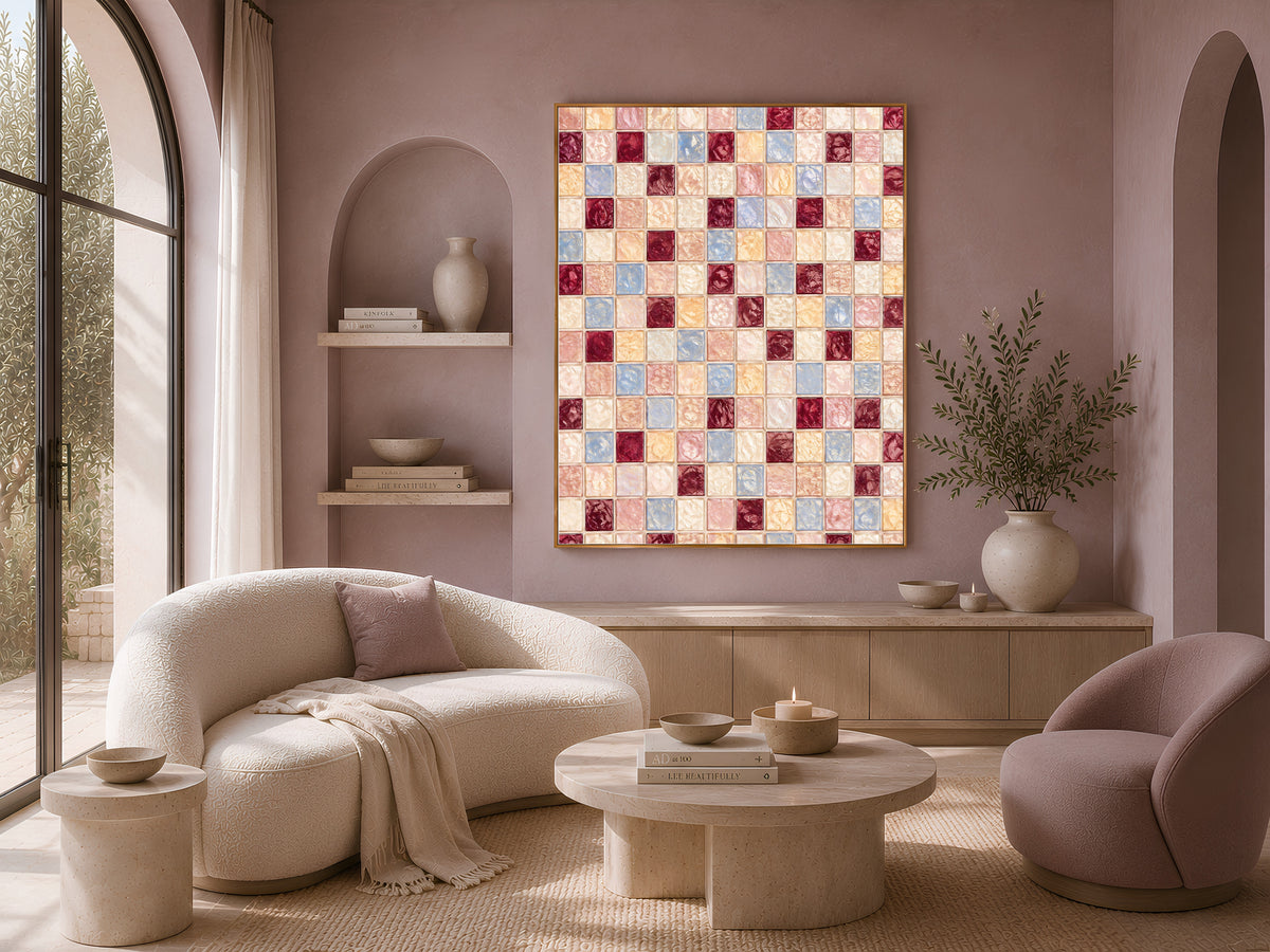 Pink blue mosaic wall art framed above a beige sofa in a bright living room