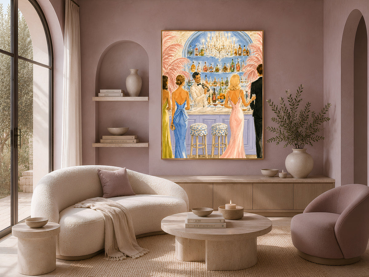 Riviera Cocktail Bar Wall Art, Preppy Pink Watercolor Print - Digital Download
