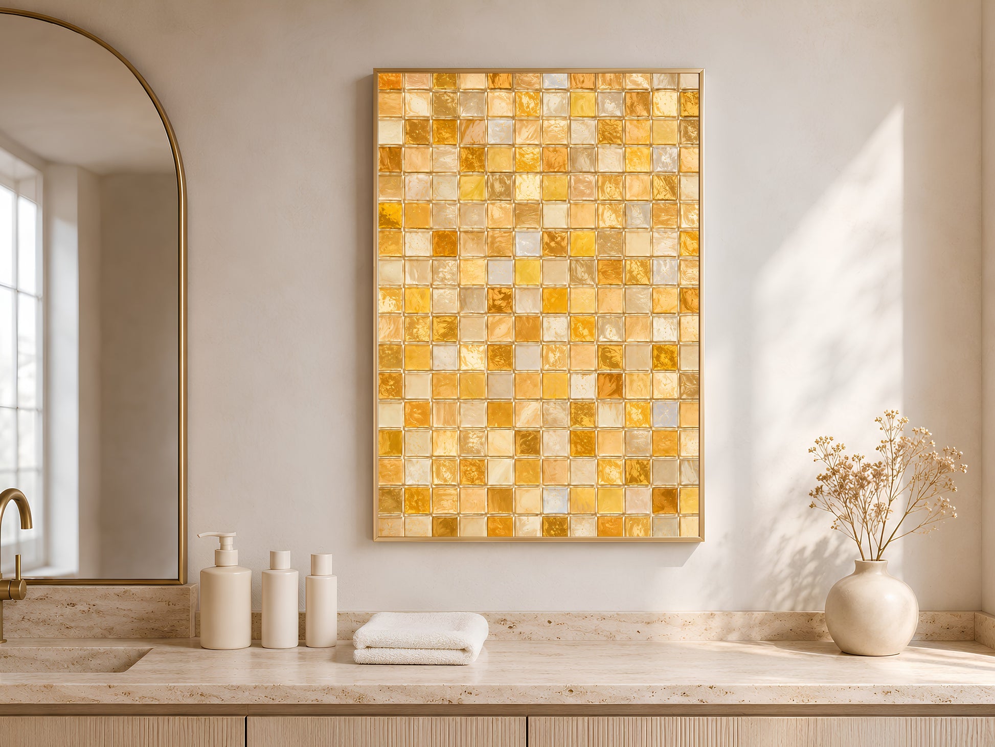 Gold mosaic wall art framed above a bathroom counter with candles and towels
