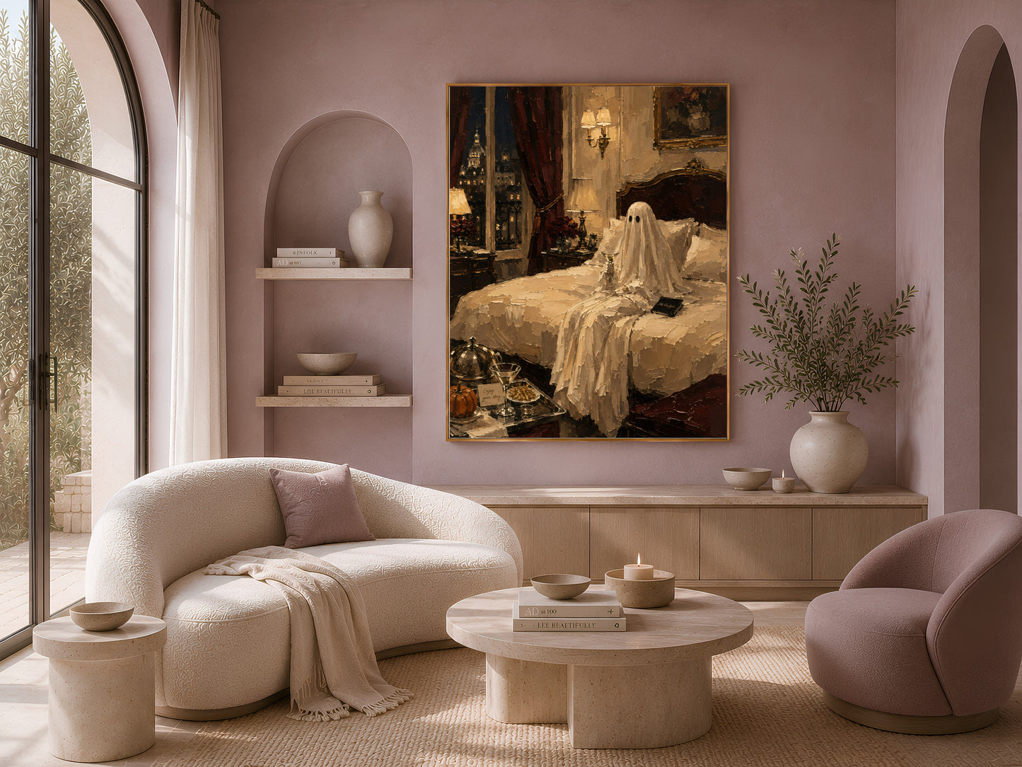 Living room with the luxury hotel Halloween print above a shelf nook, styled with a curved sofa and dried flowers