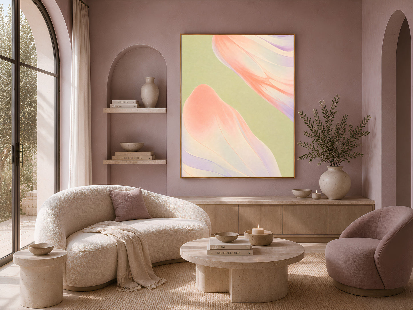 Sage green coral ribbon wall art above a curved cream sofa in a warm, minimalist living room
