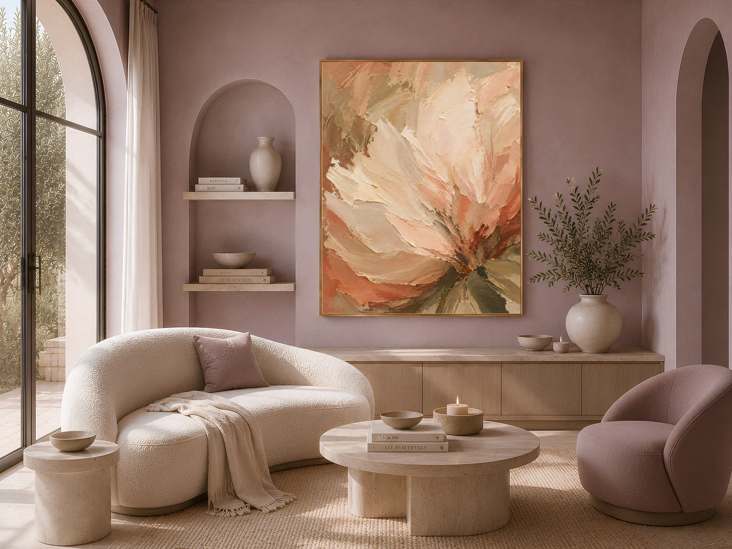 Terracotta peony wall art print displayed in an arched wall niche above a boucle sofa