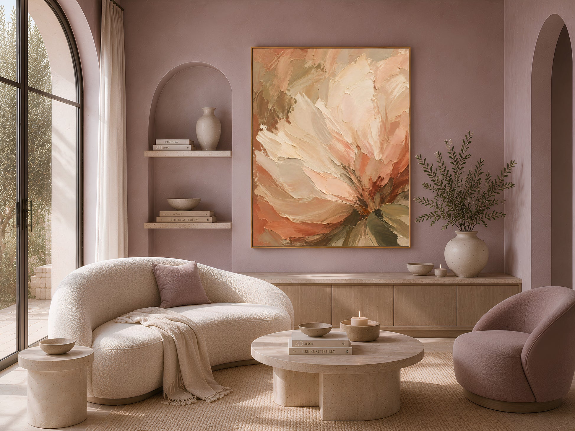 Terracotta peony wall art print displayed in an arched wall niche above a boucle sofa