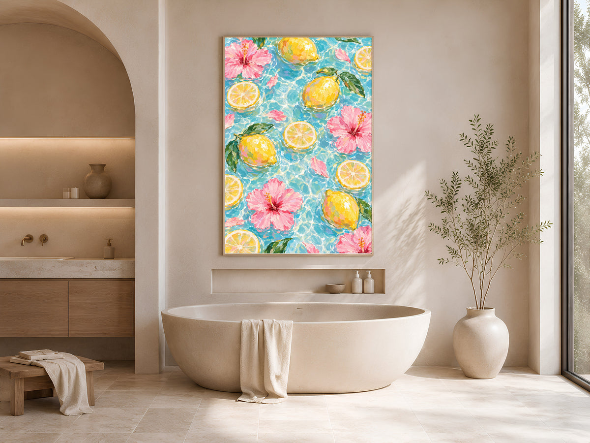 Lemon Hibiscus Pool Art Print, Amalfi Summer Wall Art - Digital Download