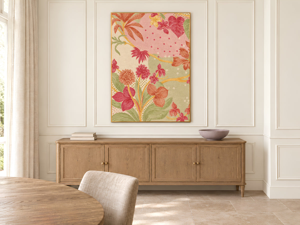Pink and Green Block Print Style Floral Art, Vintage Linen Textile Flower Print, Grandmillennial Botanical Wall Art, Printable Download