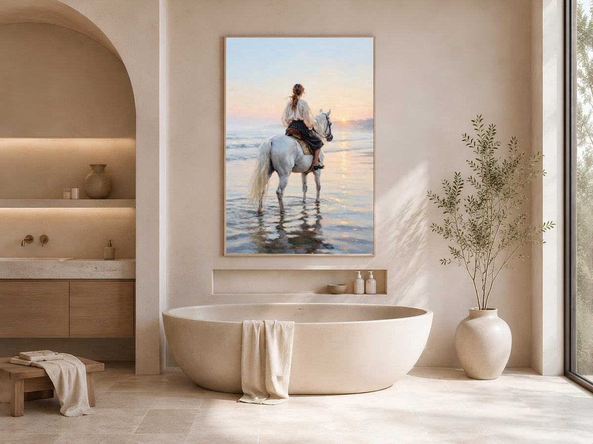 Woman on White Horse Wall Art, Beach Sunset Oil Painting Print - Digital Download