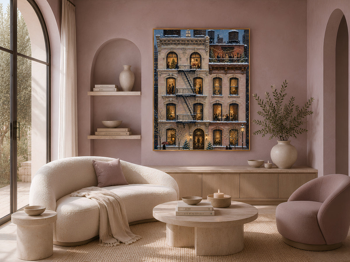 Brownstone wall art framed above cream sofa and armchairs in sunlit living room