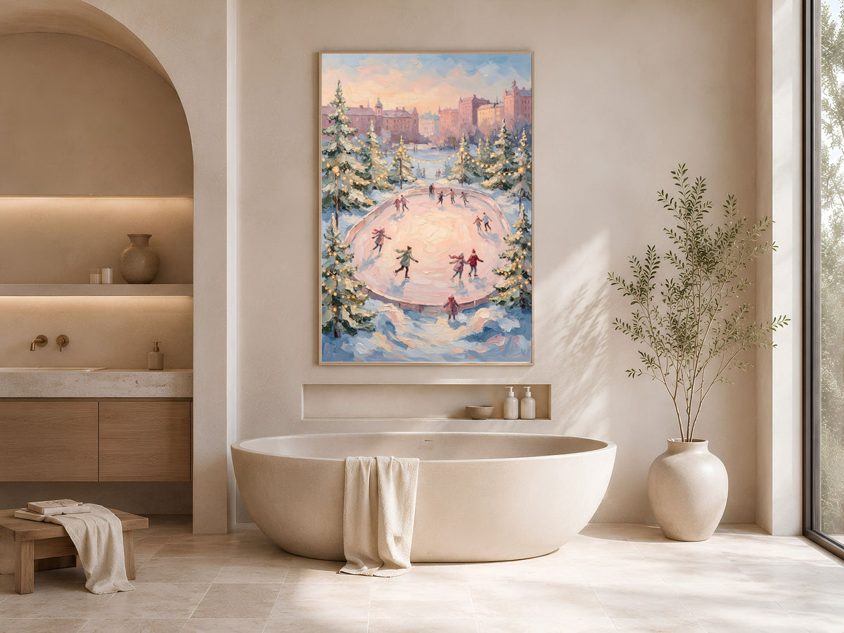 Ice Skating Rink Wall Art, Pink Sky Winter Print - Digital Download
