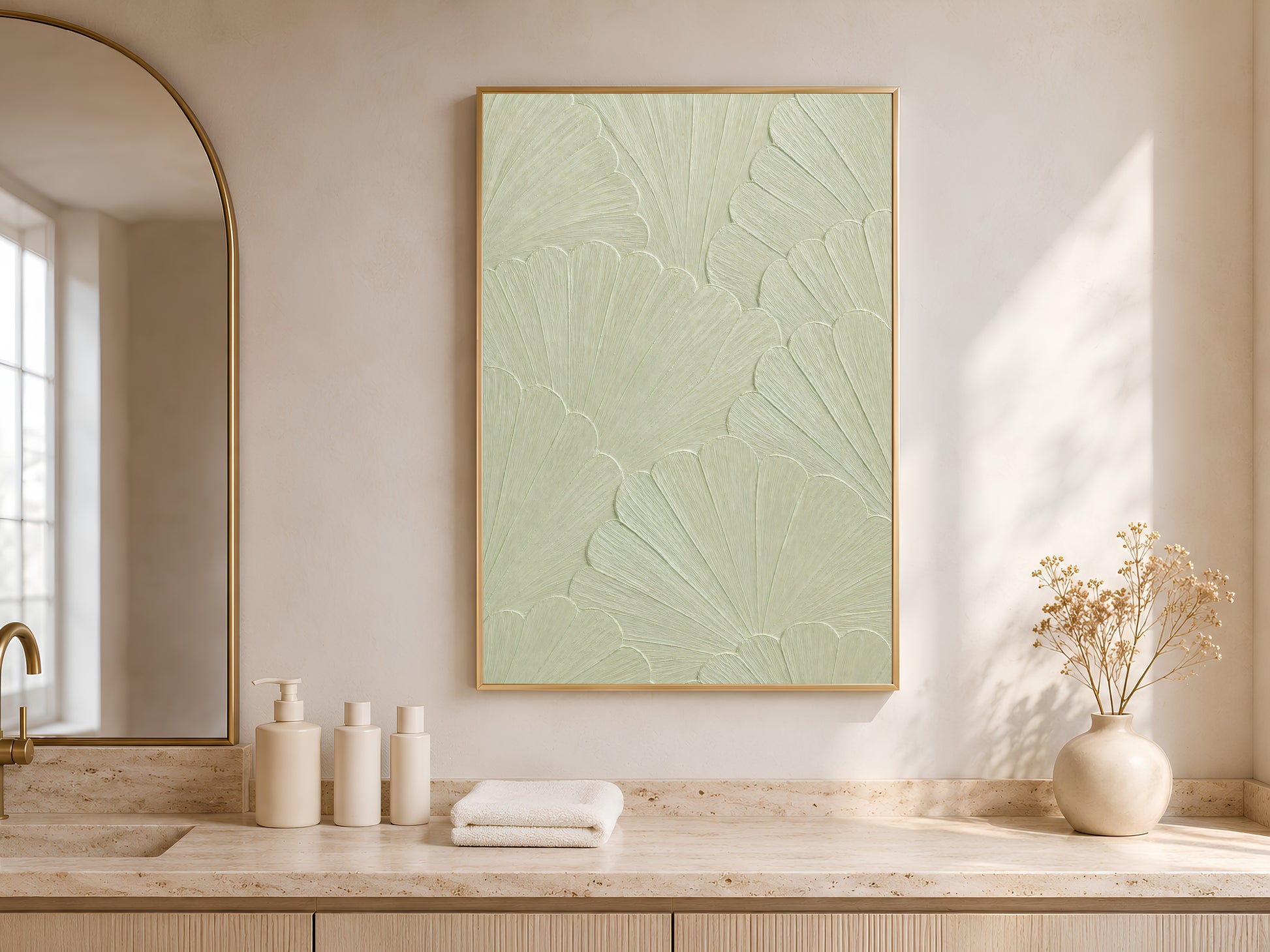 Celadon scallop mosaic print in a sunlit arched bedroom nook with soft ambient lighting