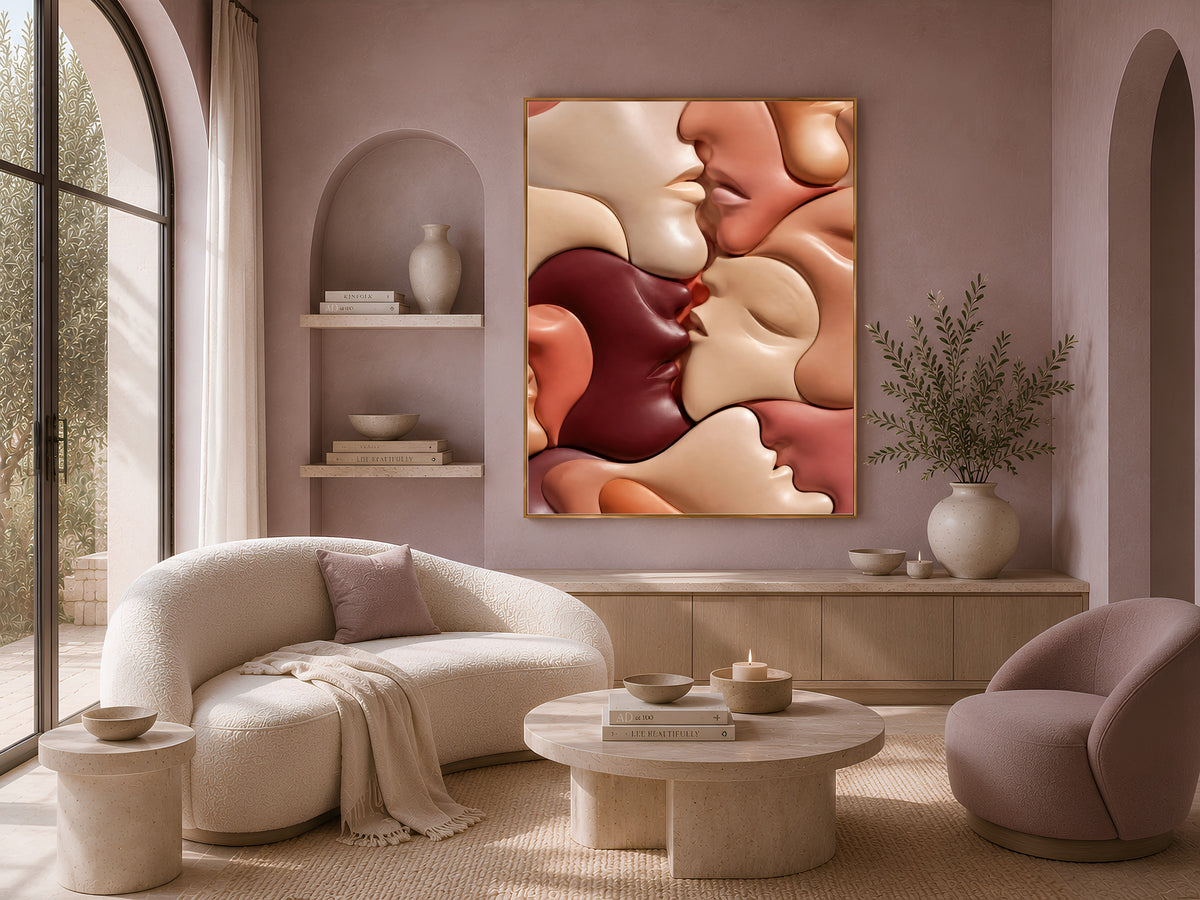 Abstract Kissing Faces Wall Art, Warm Terracotta Couple Print - Digital Download