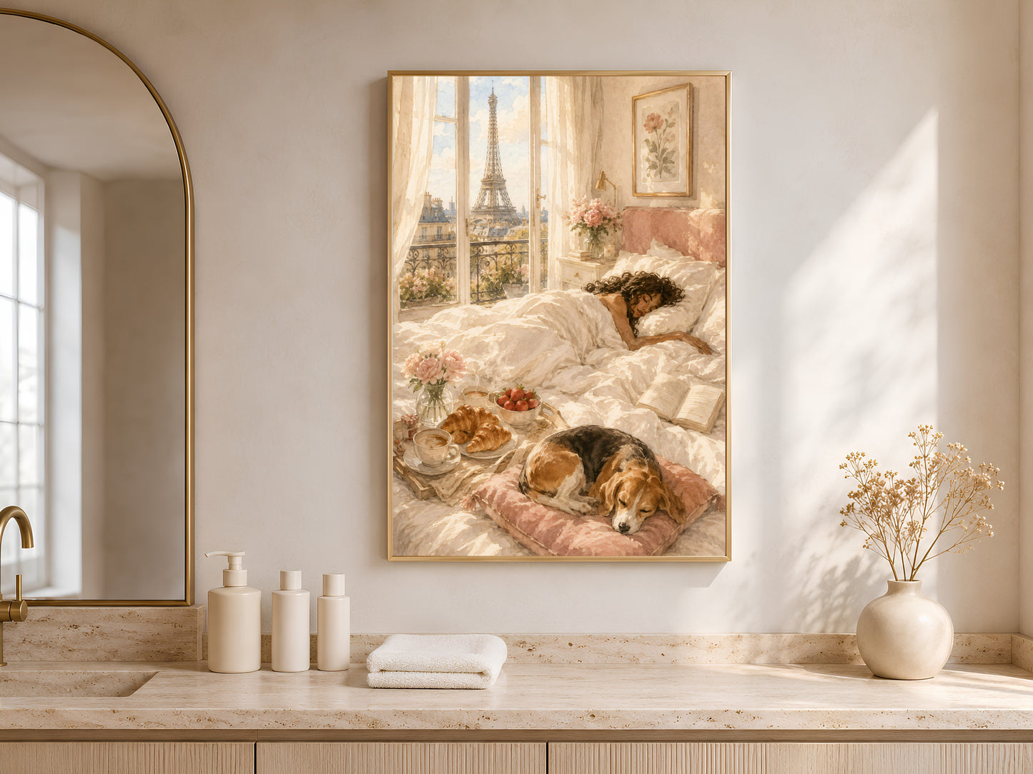 ramed Paris illustration print above a marble bathroom counter