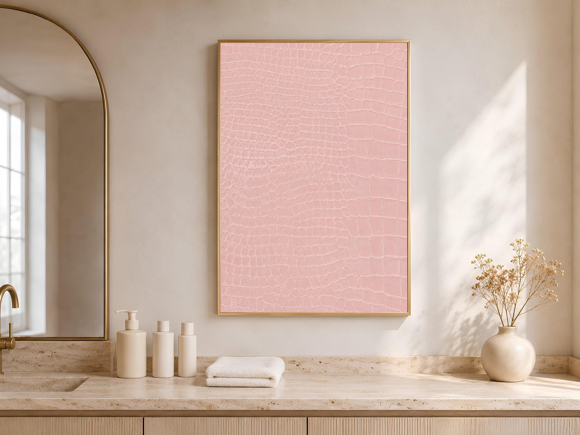 Pink crocodile print wall art in a gold frame above a wood kitchen countertop with a vase and towels.
