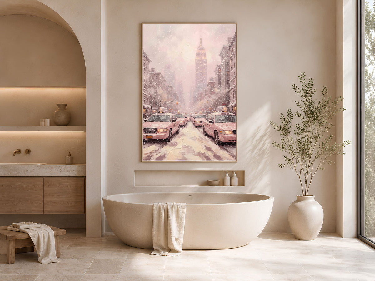 Pink Empire State Building Print, Monochrome NYC Taxi Wall Art - Digital Download