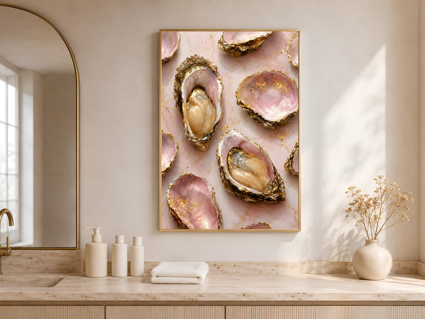 Framed pink oyster shell painting above a wood kitchen countertop with a vase and towels.
