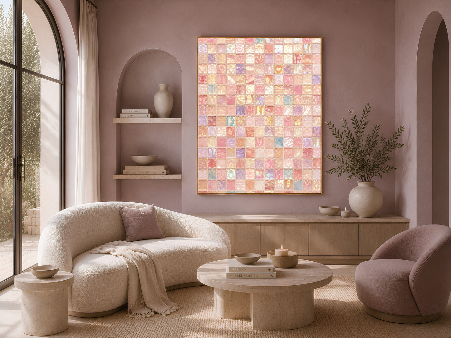 Iridescent mosaic print above boucle sofa, maximalist glam living room decor