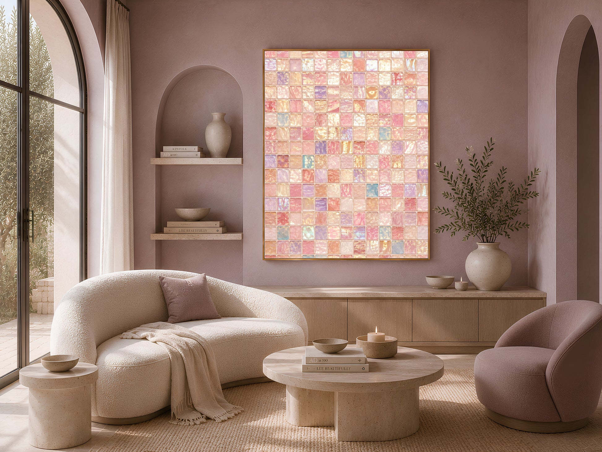 Iridescent mosaic print above boucle sofa, maximalist glam living room decor