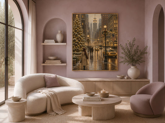 NYC Christmas wall art framed print in cozy living room with blush pink armchair