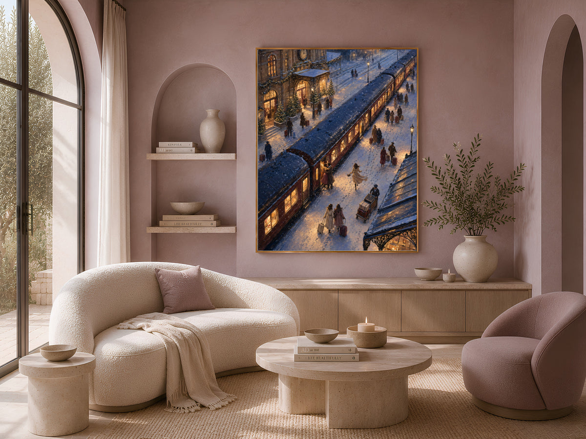 Vintage train station wall art framed above cream sofa and round coffee table
