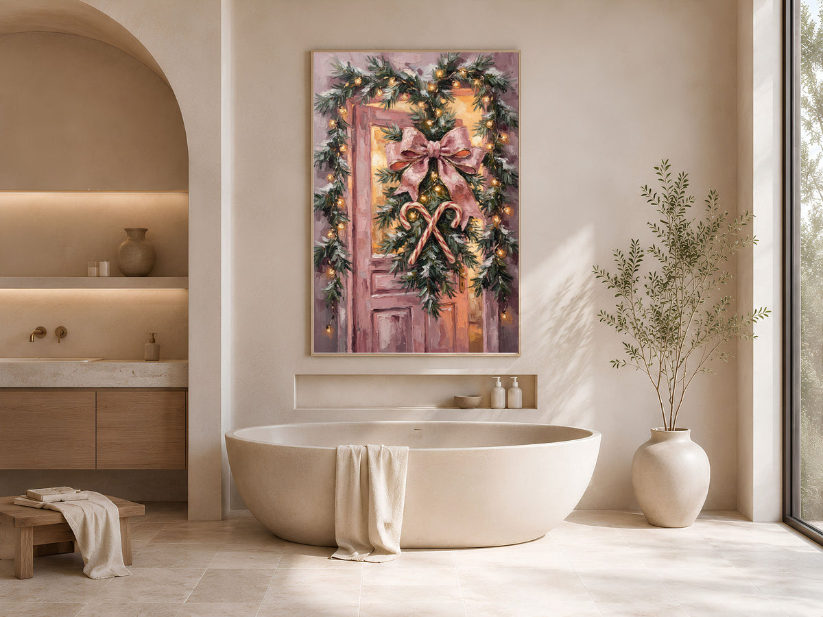 Pink Christmas Door Print, Velvet Bow Wall Art - Digital Download