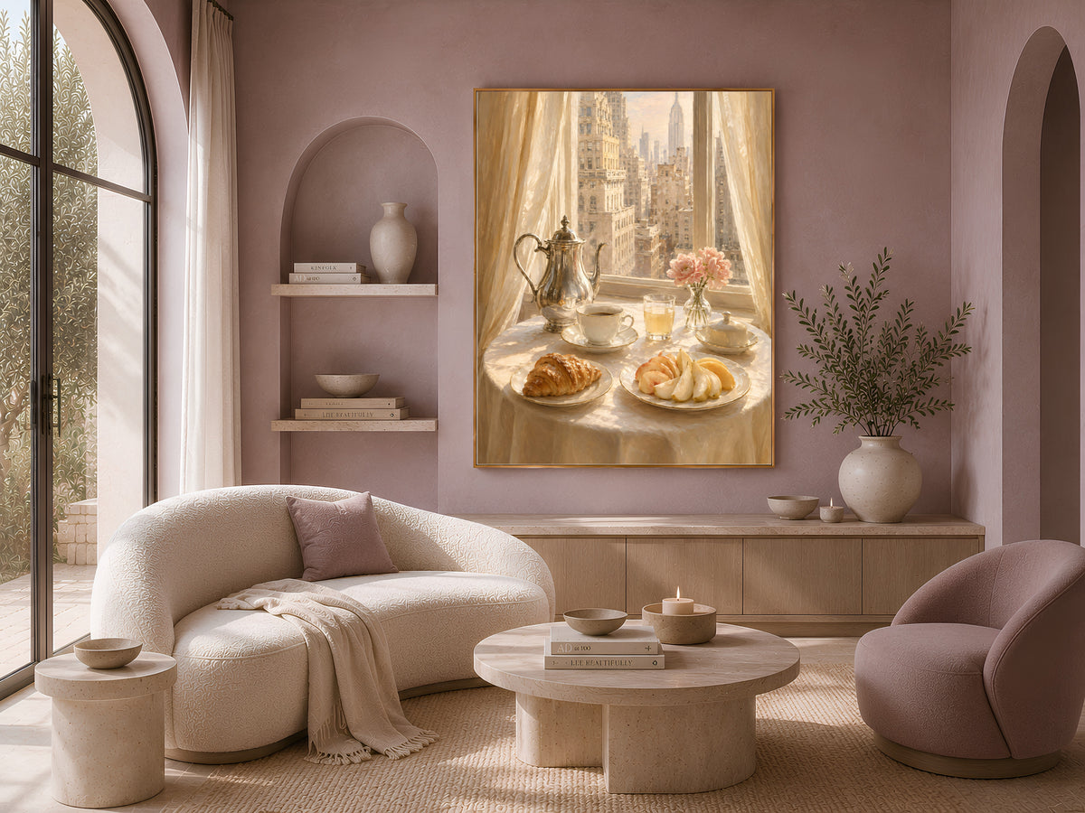 Breakfast Still Life Wall Art, Old Money Aesthetic Print, NYC Skyline Painting - Digital Download