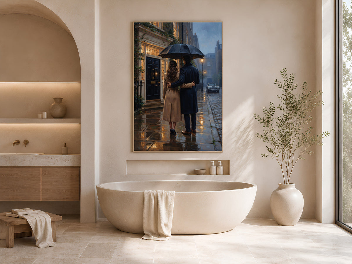 Romantic Couple Wall Art, Rainy London Street Oil Painting Print - Digital Download