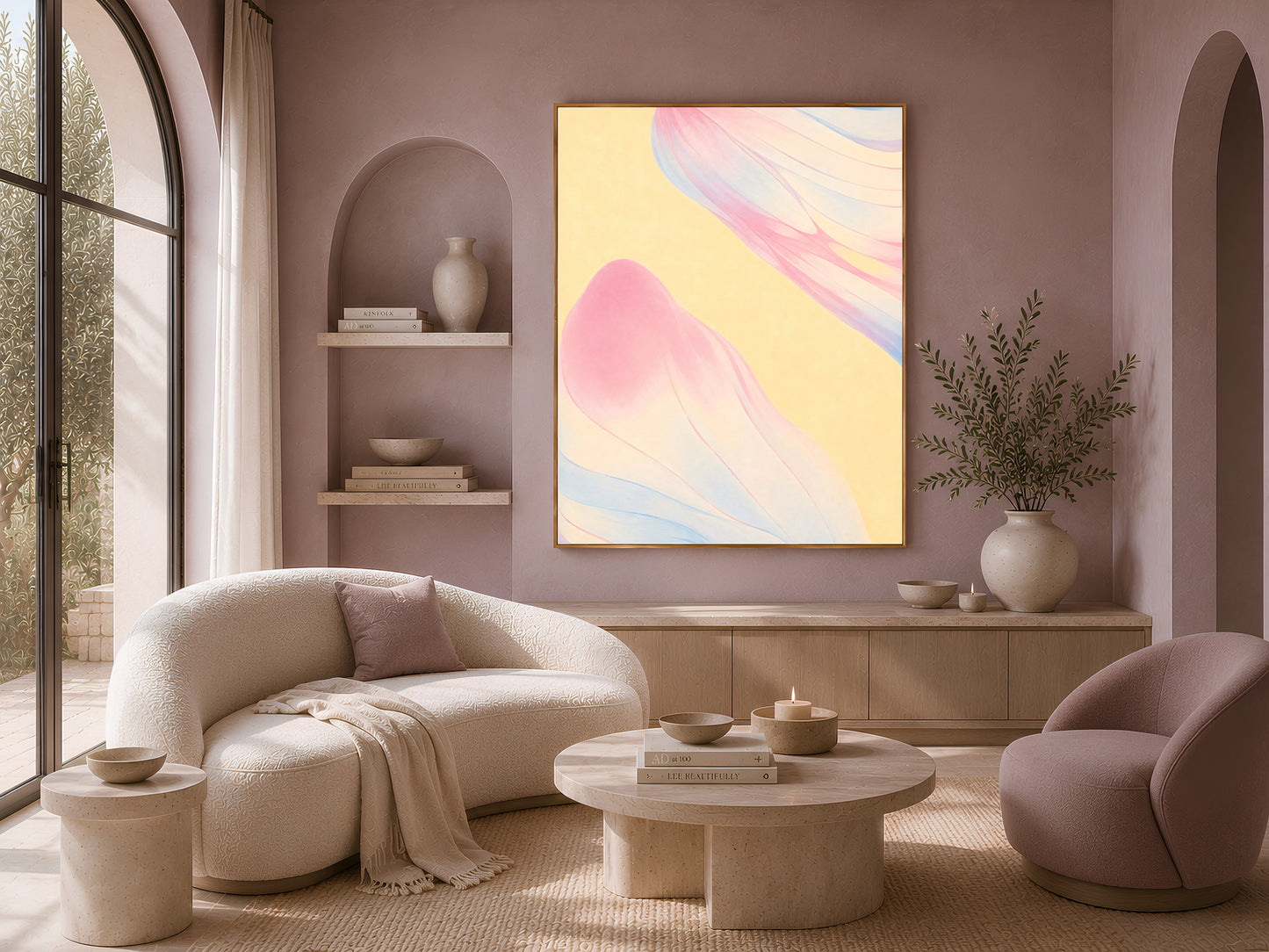 Pastel gradient wall art above boucle sofa, soft modern living room decor