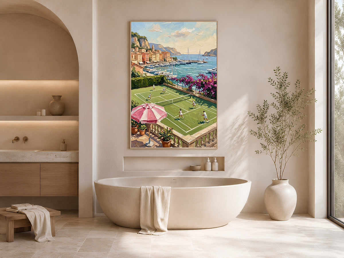 French Riviera Tennis Court Print, Old Money Aesthetic Wall Art - Digital Download