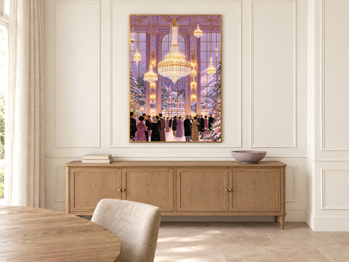 Winter Ballroom Wall Art, Lavender Chandelier Painting, Snowy Holiday Ball Print, Elegant Purple Decor, Printable Digital Download