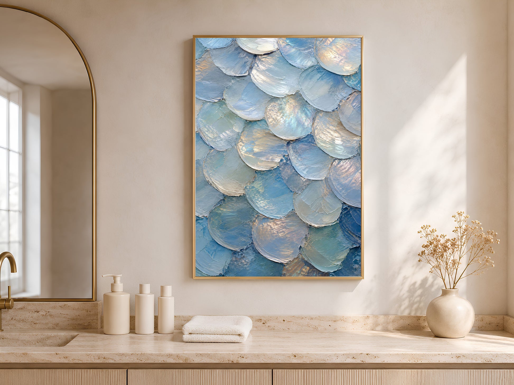 Gold framed capiz shell print displayed above cabinet in light coastal bathroom
