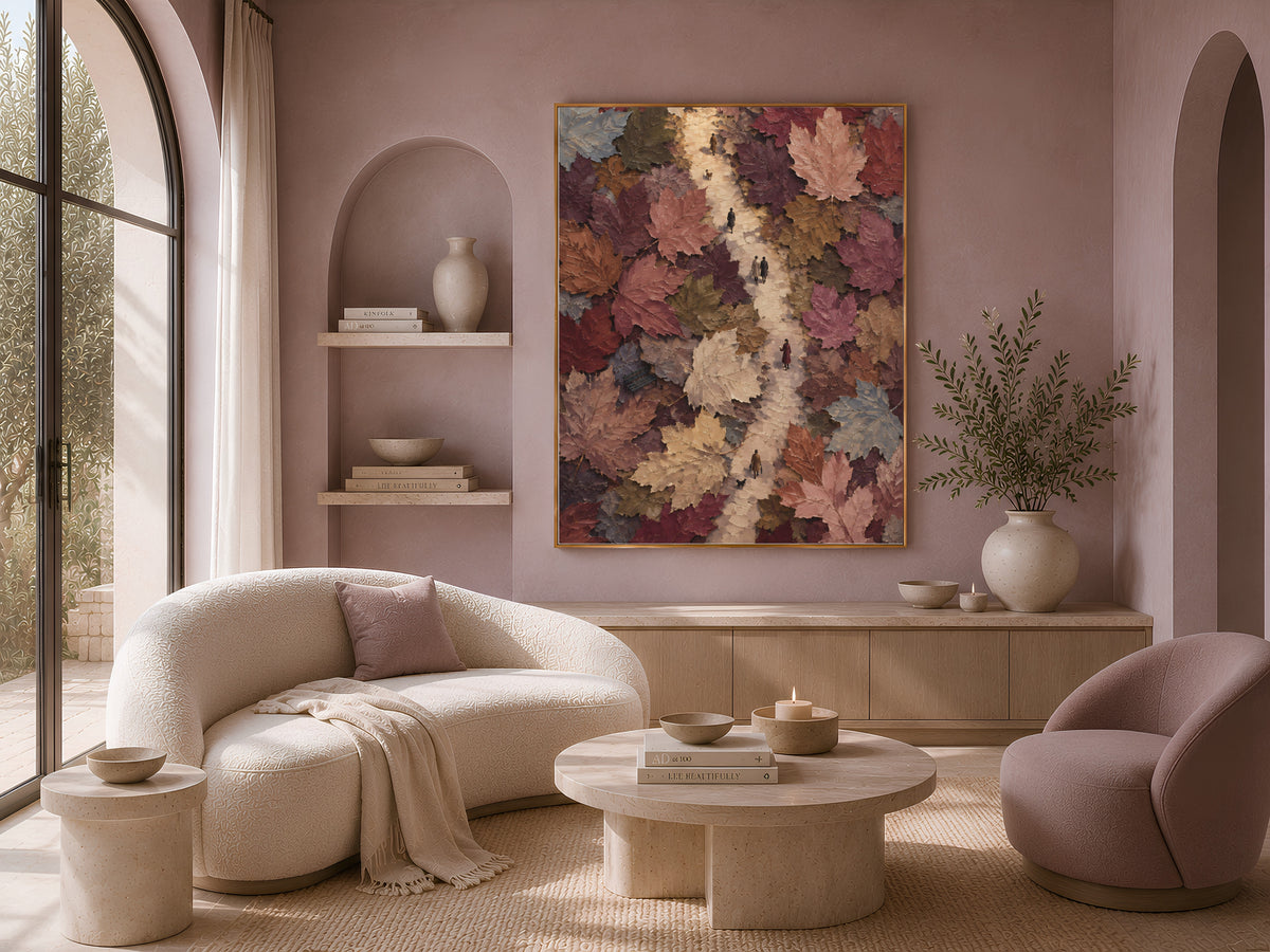 Aerial autumn walk painting framed above cream sofa in boho living room