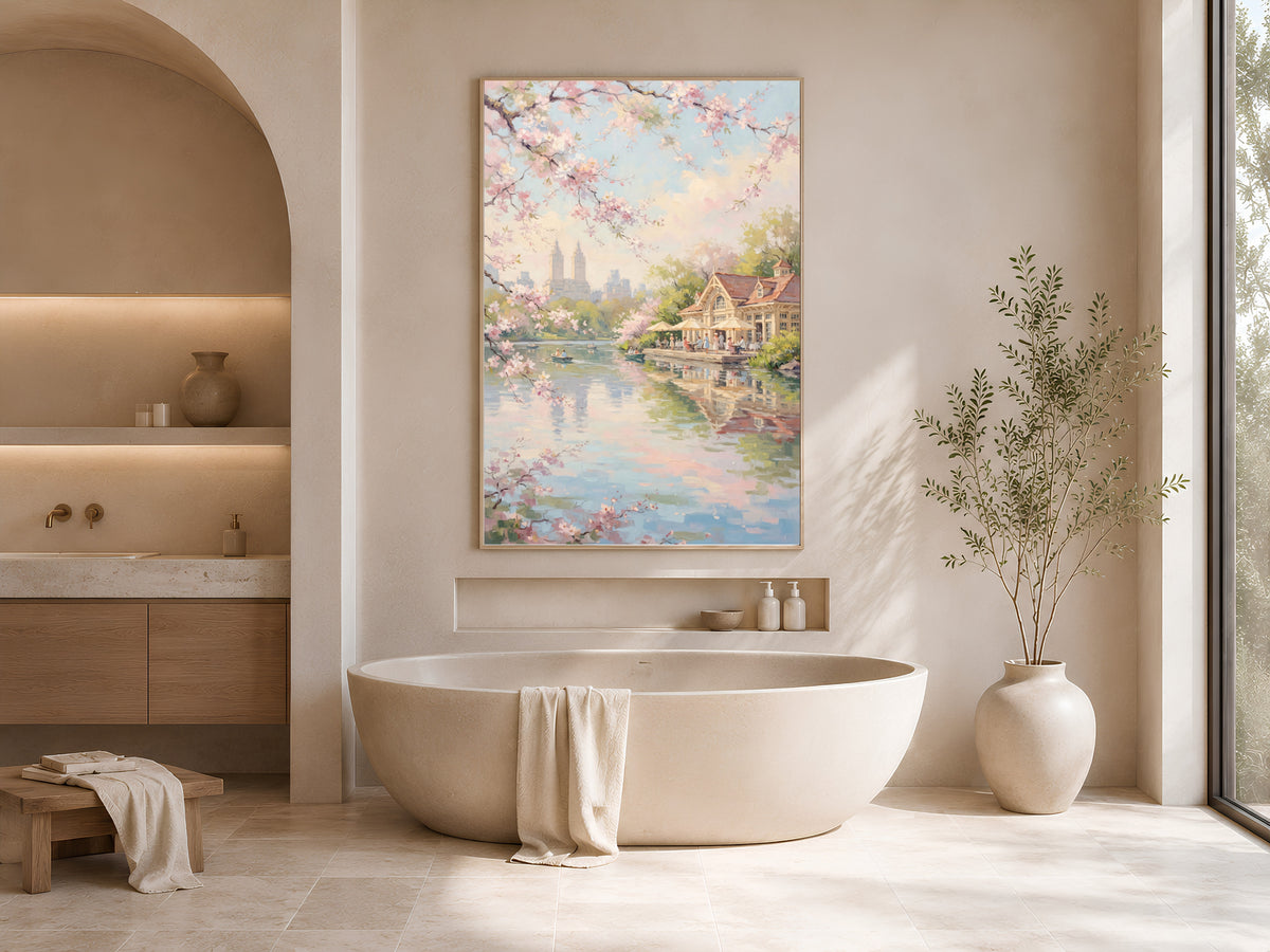 Central Park Cherry Blossom Wall Art, Boathouse Oil Painting Print - Digital Download