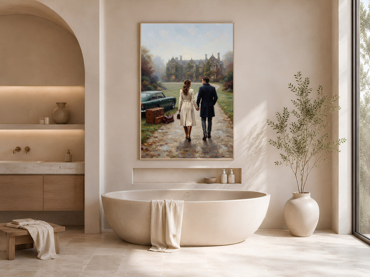English Manor Estate Wall Art, Autumn Couple Oil Painting Print - Digital Download