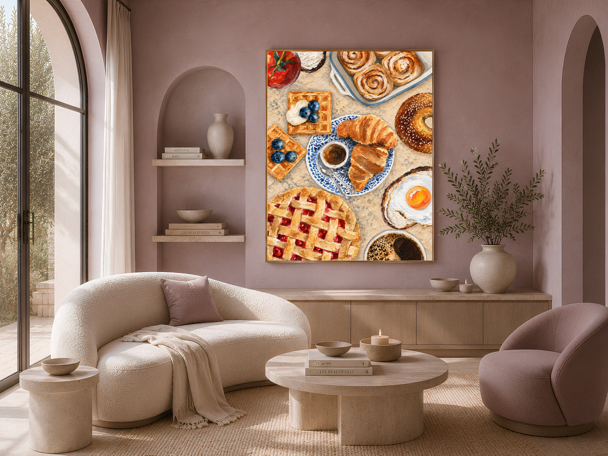 Brunch flat lay wall art above a neutral boucle living room sofa