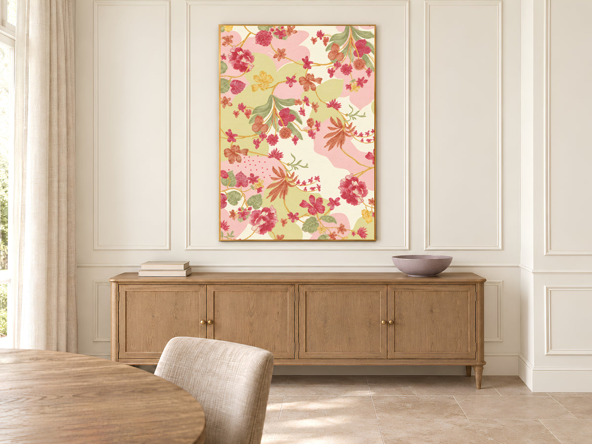 Pink and Green Floral Wall Art, Vintage Botanical Pattern Print, Grandmillennial Chinoiserie Style Flowers, Printable Digital Download