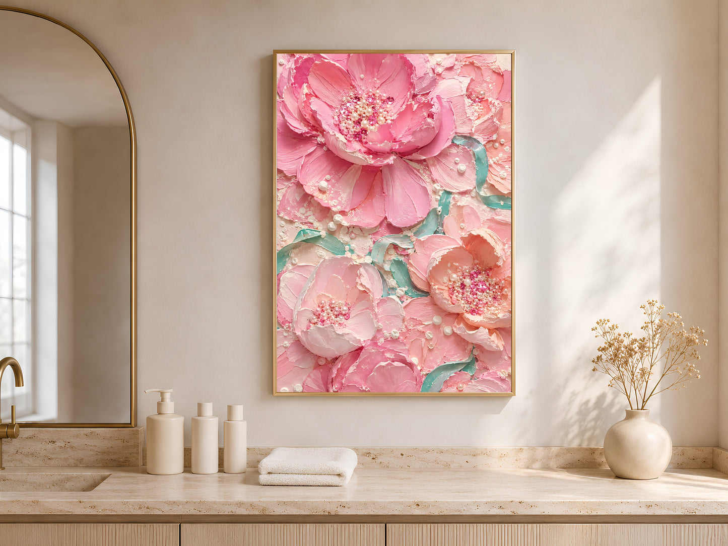 Blush pink peony art framed in a living room with arched wood shelving

