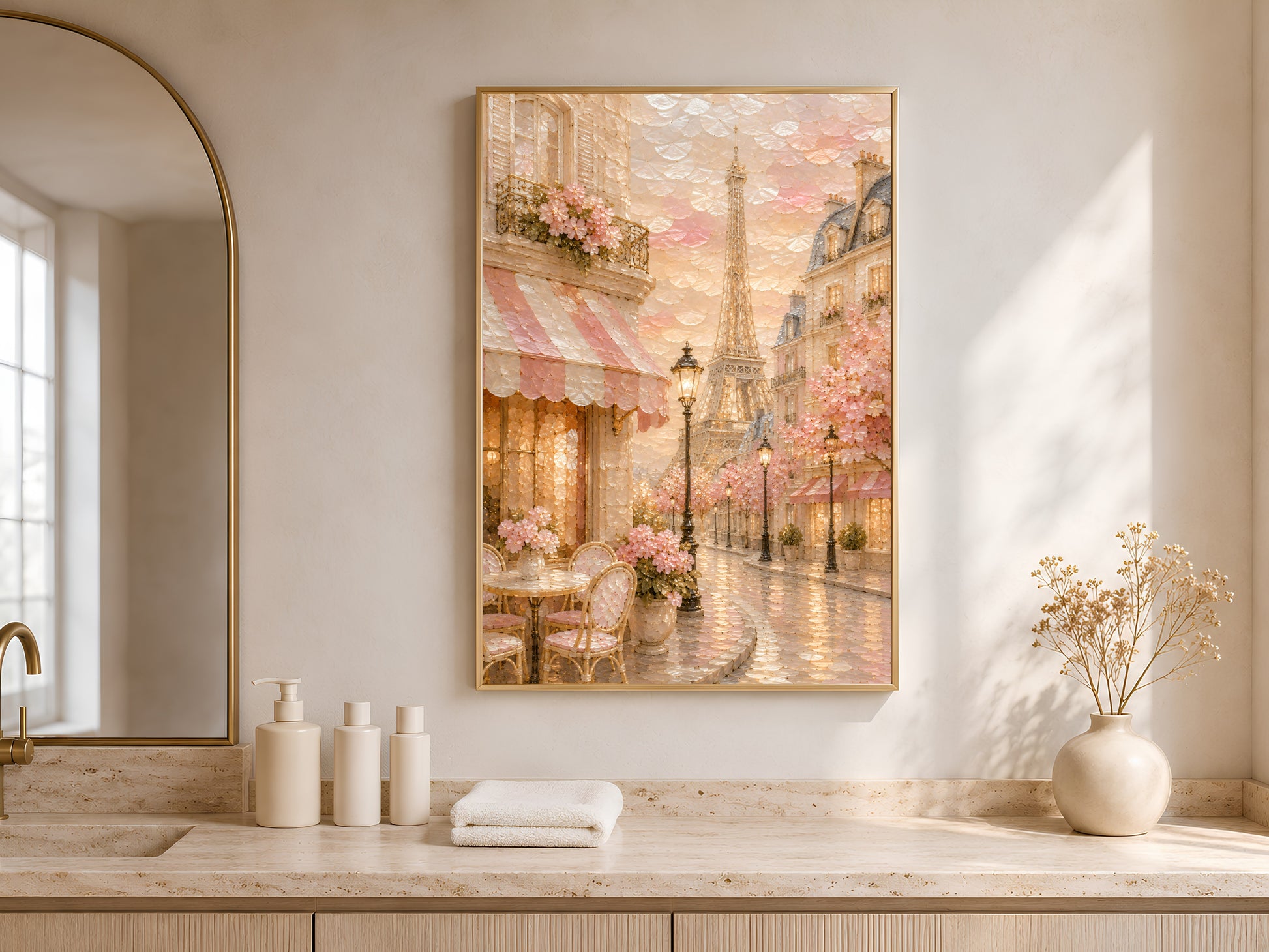 Paris cafe wall art print framed in gold above bathroom counter near arched mirror
