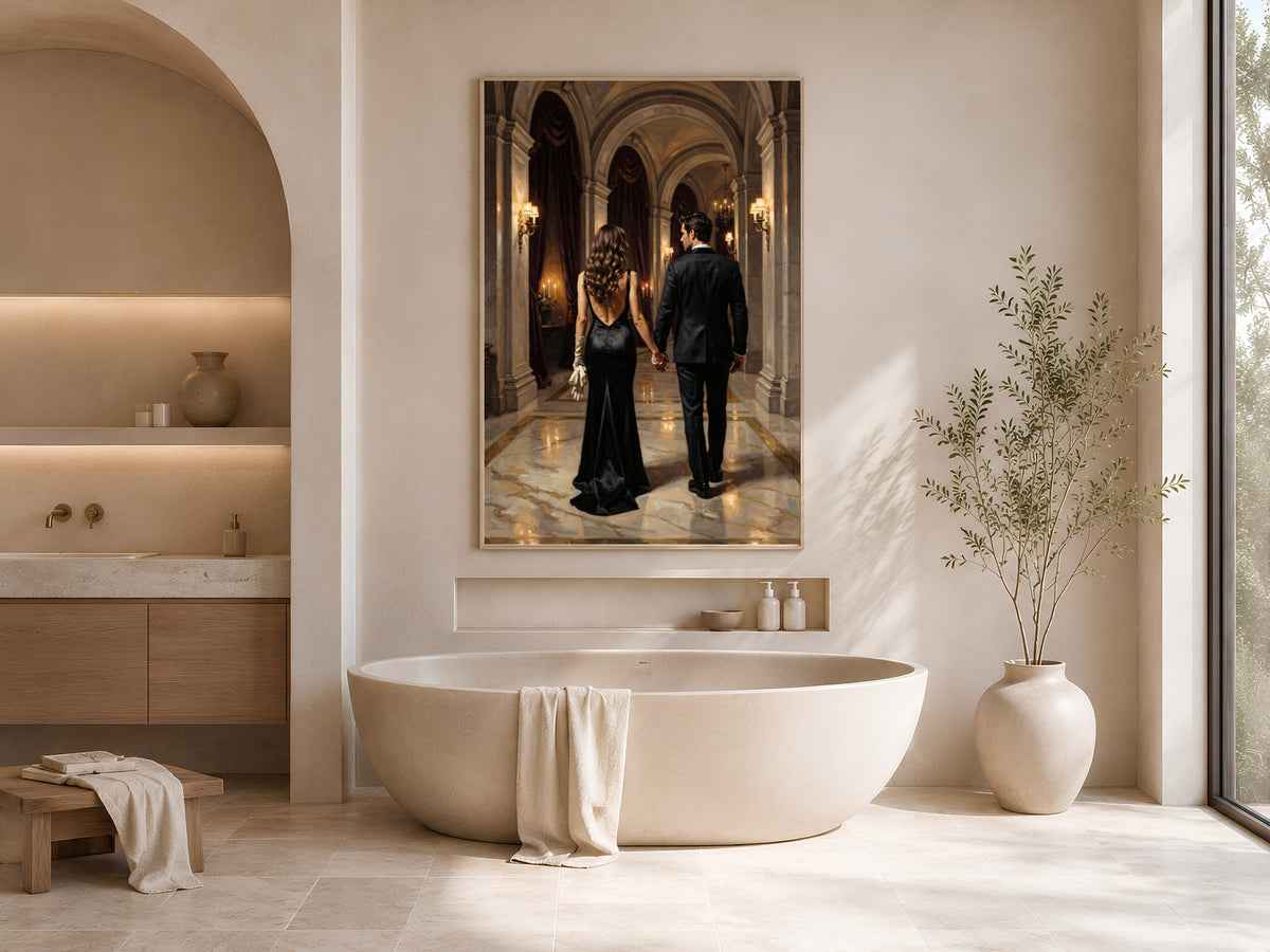 Dark Academia Couple Wall Art, Elegant Gala Hallway Oil Painting Print - Digital Download