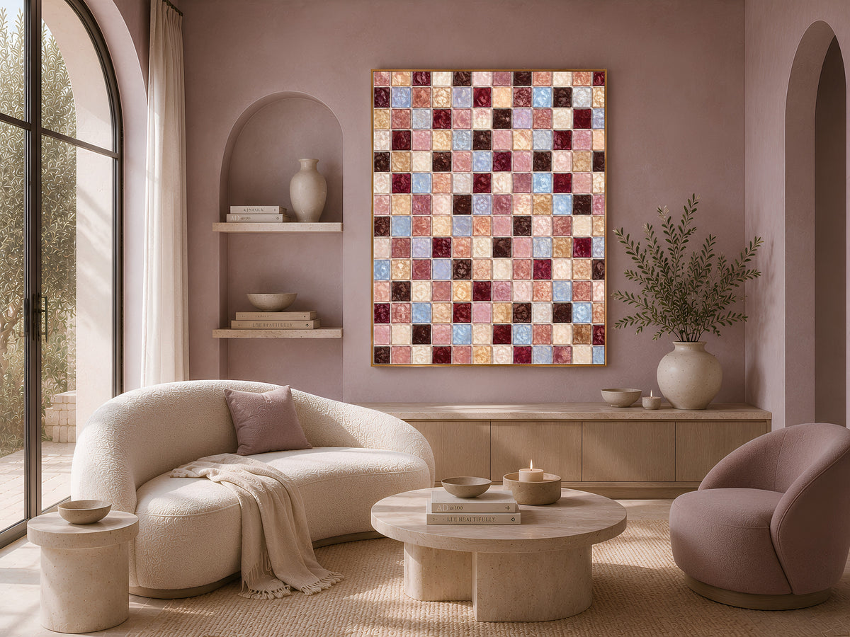 Burgundy mauve mosaic wall art framed above a curved sofa and armchairs in a cozy living room