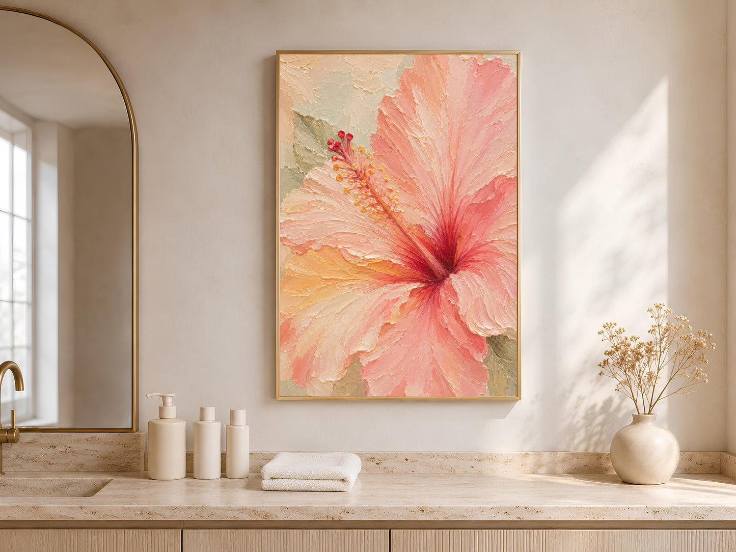 Framed hibiscus wall art on a bathroom vanity counter styled with candles and a small vase